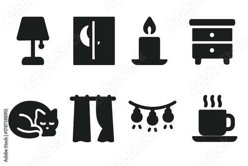 Night Icons Set. Night Ambience. Filled icon set of Night Ambience: bedside lamp, moon through window, glowing