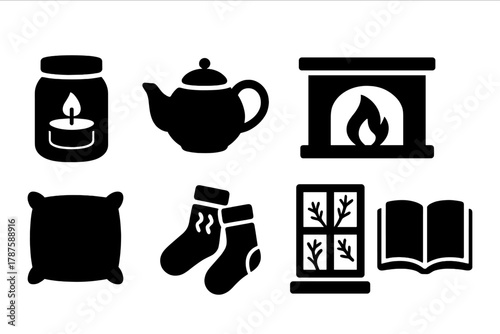 Hygge Icon Set. Hygge Mood. Filled icon set of Hygge Mood: candle jar, tea pot, knitted mug cover, fireplace,