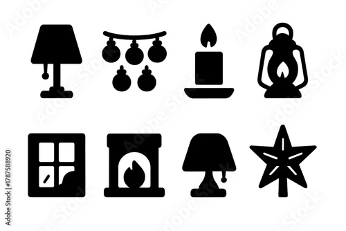 Soft Lighting Icons. Soft Lighting. Filled icon set of Soft Lighting: table lamp, string lights, candle,