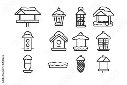 Winter Bird Feeder Icons. Winter Feeding Stations. Line outline icon set of bird feeders in snow: roofed