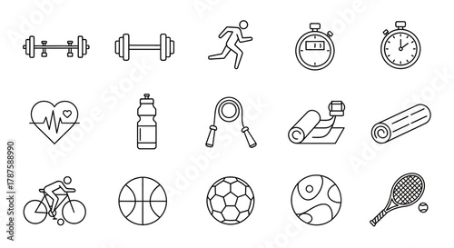 Dynamic fitness icons representing healthy active lifestyle, exercise, sports, and wellness for modern design projects