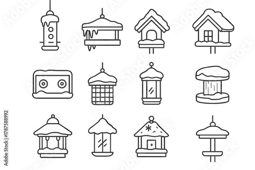 Snowy Bird Feeders Icons. Snow-Covered Feeders. Line outline icon set of snowy bird feeding stations: hanging