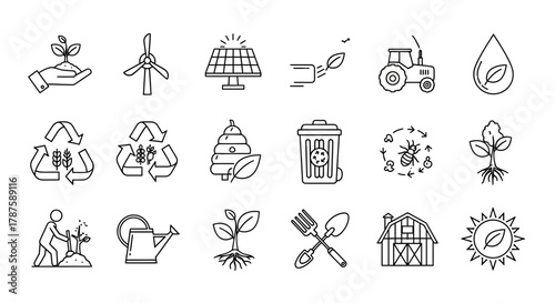 Nurturing nature icons showcasing sustainable farming, renewable energy, and eco-friendly practices for a greener future