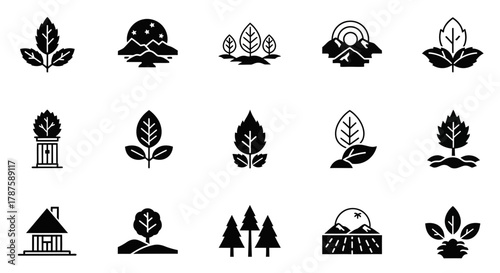 Vibrant collection of nature and eco icons featuring leaves, trees, mountains, and houses for sustainable branding and organic themes
