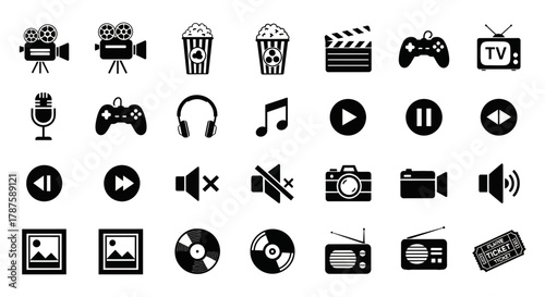 Diverse media entertainment icons for projects including film, music, gaming, and photography, perfect for digital content creation and technology themes.