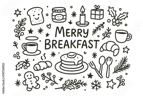 Festive Breakfast Doodles. Merry Breakfast. Hand-drawn doodle illustration of cheerful Christmas breakfast