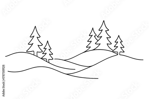 Minimalist Winter Scene. Paper Cut-Out Winter Landscape. Minimalistic one-line drawing snowy hills and pine