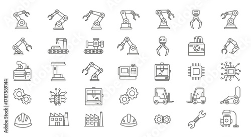 Modern industrial automation icons showcasing robotic arms, machinery, factories, and technology for manufacturing and engineering projects.