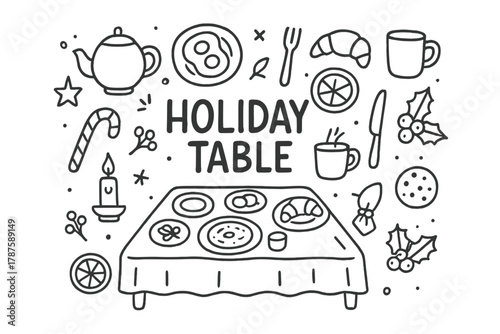Festive Breakfast Doodle. Holiday Table. Hand-drawn doodle illustration of family breakfast during Christmas