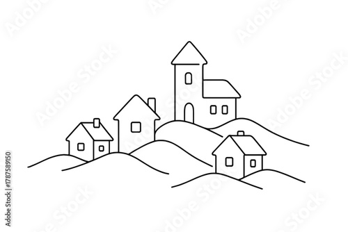 Minimalist Snowy Village. Cut-Out Village. Minimalistic one-line drawing small snowy houses among hills,