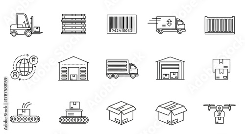 Streamline your logistics and delivery operations with this collection of modern icons representing warehousing, shipping, and supply chain management.