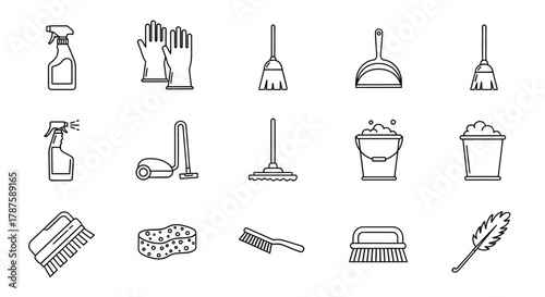 Fotografi Sparkling clean home essentials icons for professional cleaning services and hou