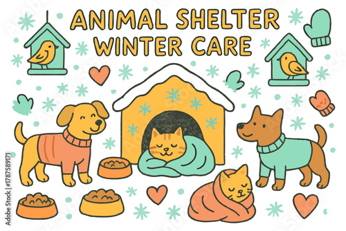 Cozy Winter Shelter. "Animal shelter winter care". Large child-like hand-drawn doodle illustration showing