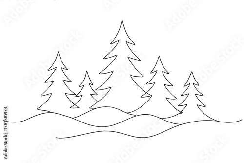 Minimalist Snowy Pines. Snowy Pines. Minimalistic one-line drawing paper-layered forest with snowdrifts,