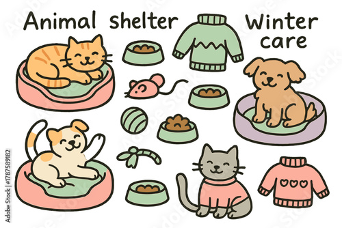 Cozy Animal Shelter. "Animal shelter winter care". Naive doodle of warm animal beds, food bowls, sweaters, and