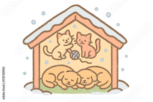 Cozy Shelter Doodle. "Animal shelter winter care". Doodle of a cozy wooden shelter with happy animals inside —