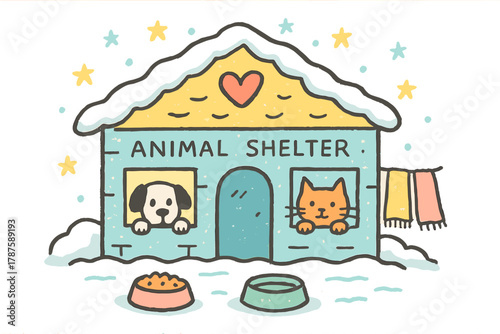 Animal Shelter Winter Care. "Animal shelter winter care". Playful doodle of snow-covered shelter with heart