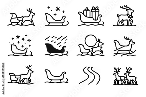 Winter Sleigh Icons. Winter Sleigh Scenes. Line outline icon set of snowy sleigh rides with reindeer: reindeer