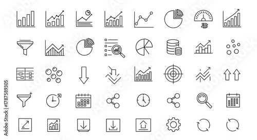 Dynamic collection of modern business analytics icons including charts, graphs, data, and finance symbols for professional presentations and reports