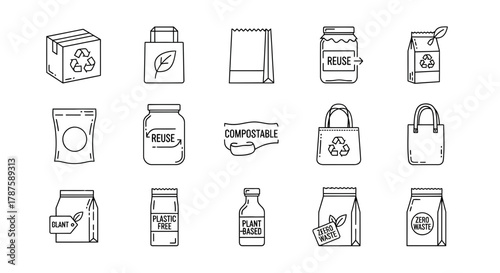 Eco-friendly packaging icons showcasing sustainability, reuse, compostable, plant-based, and zero waste solutions for modern brands.