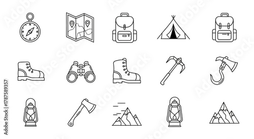 Explore the wilderness with essential camping gear icons including compass, map, backpack, tent, boots, binoculars, lanterns, axes, and mountains