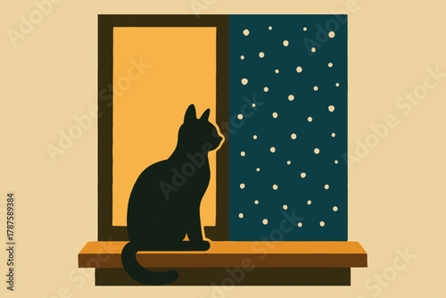 Cat Watching Snowfall. minimalist flat illustration of a cat sitting on a windowsill, gazing at falling snow