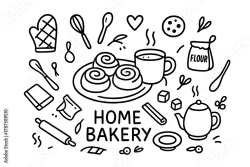 Cinnamon Rolls Delight. Home Bakery. Hand-drawn doodle illustration of homemade cinnamon rolls with hot cocoa.