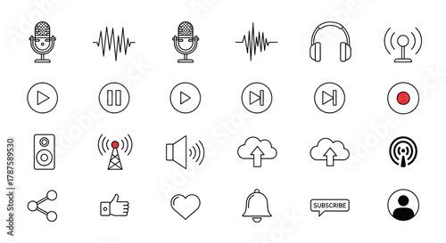 Discover a versatile collection of modern audio and media icons for your next digital project, perfect for apps, websites, and presentations.