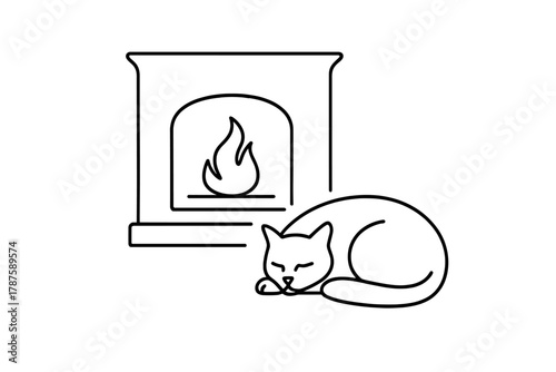 Minimal Cat by Fireplace. Evening Warmth. Minimalistic one-line drawing cat dozing peacefully by fireplace