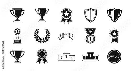 Collection of achievement symbols including trophies, medals, ribbons, shields, laurels, and podiums celebrating victory and success