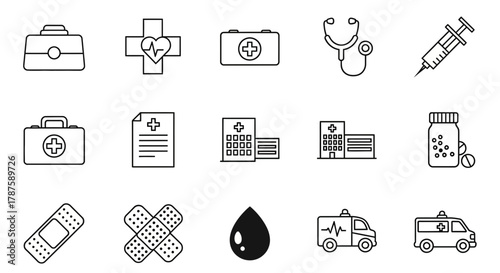 Essential medical icons depicting healthcare services, emergency aid, and patient care for modern design projects and health awareness campaigns