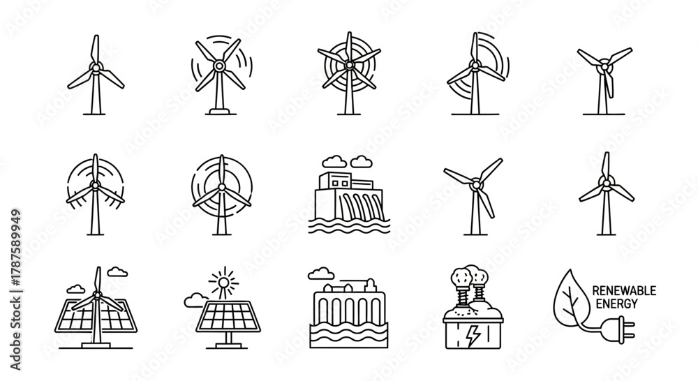 Naklejka premium Dynamic collection of wind turbines, solar panels, and hydroelectric power icons representing clean, sustainable energy solutions for a greener future.