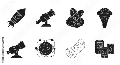 Dynamic icons featuring rockets, telescopes, planets, and futuristic technology for science, exploration, and innovation projects