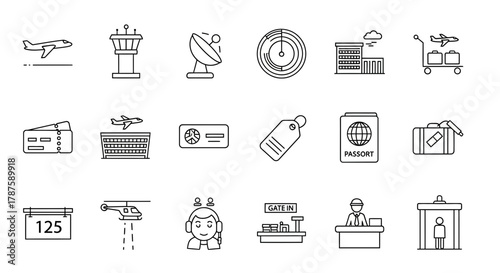 Dynamic airport icons set capturing travel, logistics, and modern aviation essentials for seamless navigation and journey planning