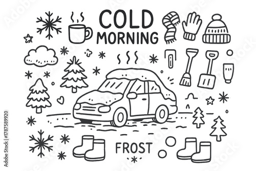 Cold Morning Doodles. Cold Morning. Hand-drawn doodle illustration of snow-covered car on icy street. In the