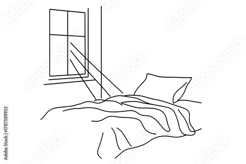 Sunlit Minimalist Bedroom. Morning Light. Minimalistic one-line drawing sunlight through window onto bed