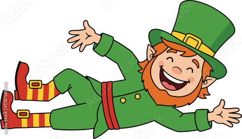 Cartoon leprechaun lying down with green outfit, striped socks and joyful smile for St. Patrick’s Day vector holiday character design