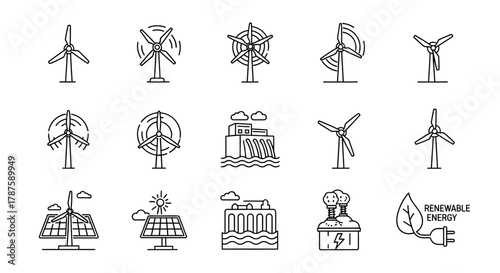 Dynamic collection of wind turbines, solar panels, and hydroelectric power icons representing clean, sustainable energy solutions for a greener future.