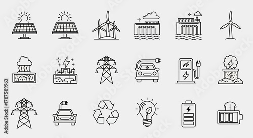 Inspiring collection of renewable energy and power generation icons for innovative projects and modern design needs