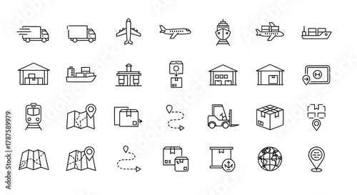 Dynamic logistics icons capture global shipping, delivery, and supply chain operations with modern, essential symbols for business planning and strategy