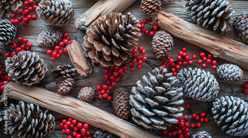 Rustic winter wonderland: pinecones, berries, and wood create a festive panoramic scene.