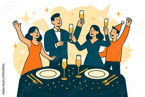 Elegant Geometric Celebration. Elegant celebration. Black tablecloth contrasts with golden flatware and white