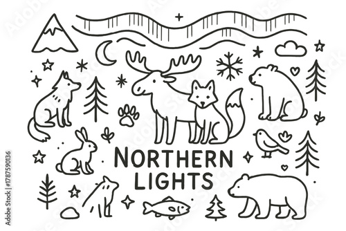 Aurora Wildlife Doodles. Northern Lights. Hand-drawn doodle illustration of animals beneath colorful aurora