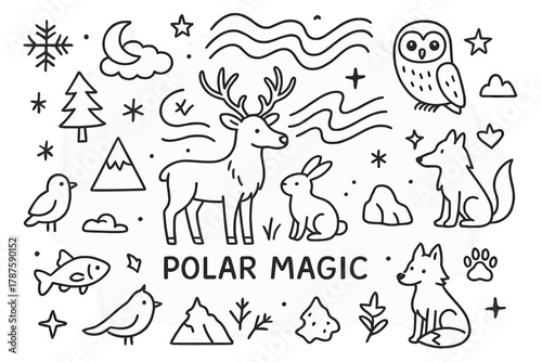 Polar Magic Doodles. Polar Magic. Hand-drawn doodle illustration of northern animals under dancing aurora. In