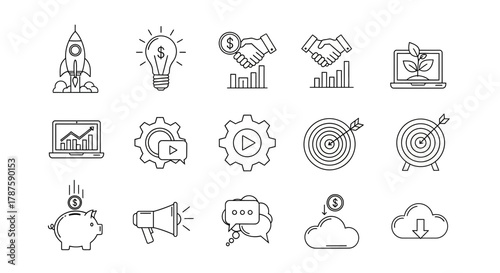 Dynamic business growth icons launch idea achieve goals and secure investments for modern enterprise success