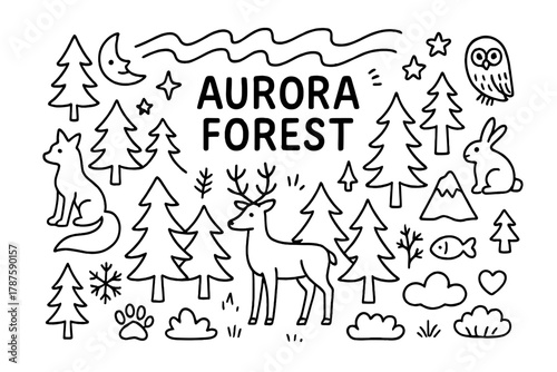 Aurora Forest Doodle. Aurora Forest. Hand-drawn doodle illustration of wild forest under aurora sky. In the