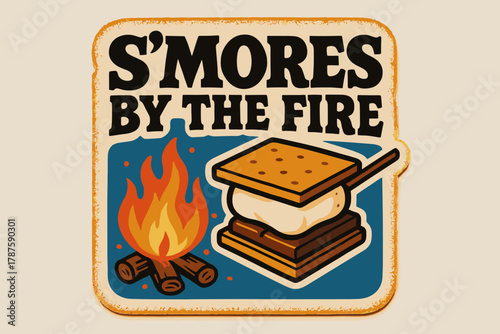 Retro S’mores Sticker. S’mores by the fire. retro sticker block lettering, bold cut-out outline, slight tilt,