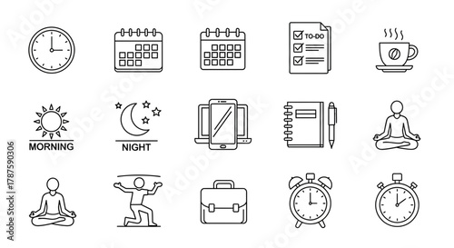 Organize your day with essential icons for time management, productivity, and well-being, perfect for modern business and lifestyle projects.