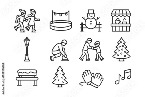 Winter Skating Icons. Outdoor Ice Rink. Line outline icon set of winter skating in square: people skating,