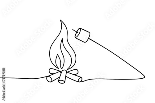 S'mores Minimalist Art. S’mores by the fire. Minimalistic one-line drawing of a roasting marshmallow over a